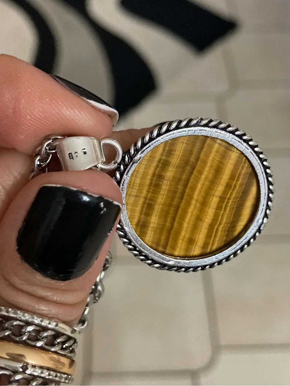 Golden brown tiger eye round gemstone charm Celtic knot steel necklace
